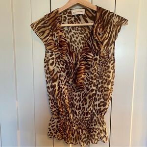 Jones New York Brown Tan Ruched Ruffled Animal Print Blouse